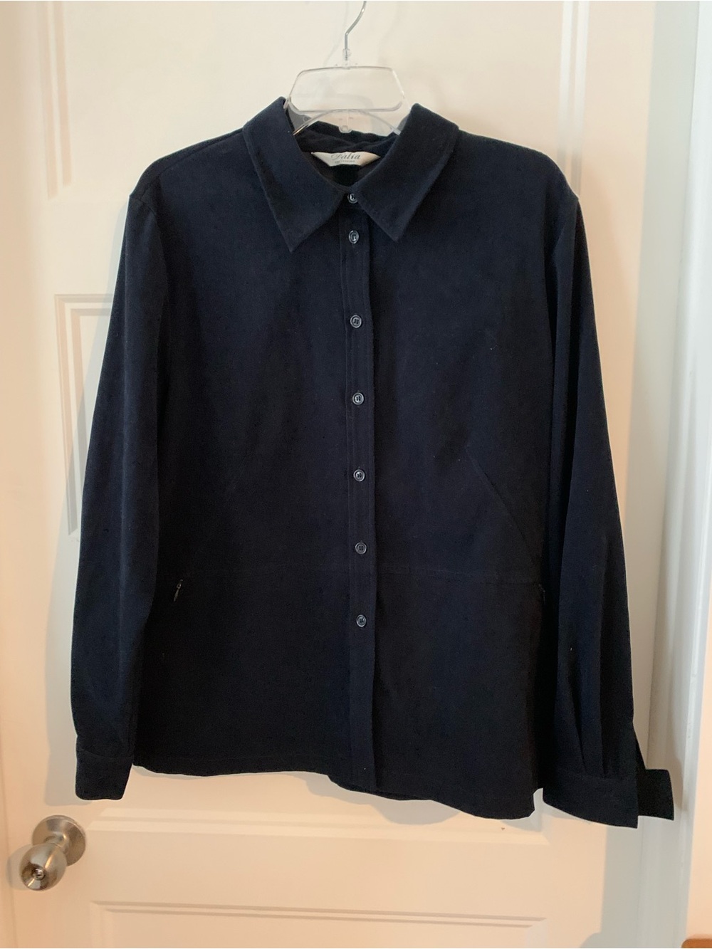 Dalia ,Women's simili suede Navy Button-Up Collared Top with pockets
